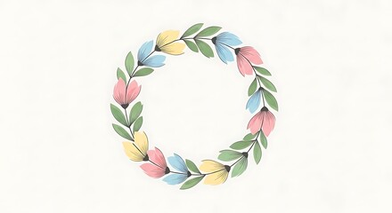 Watercolor floral wreath with pink blue and yellow flowers on a white background in a circular shape