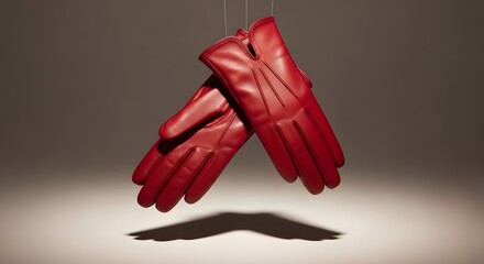 A pair of bright red leather gloves suspended in the air casting a shadow below