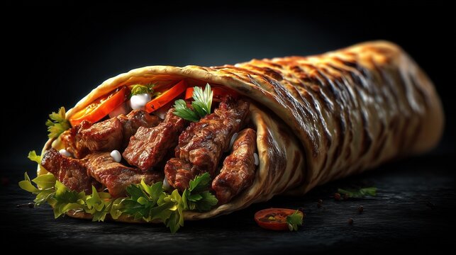 delicious rich-textured kebab of high details against a deep black background