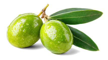Two green olives with leaves on white background