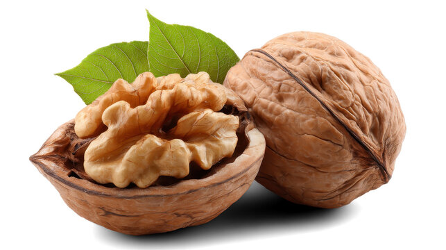 walnuts with leaves on white background - Powered by Adobe