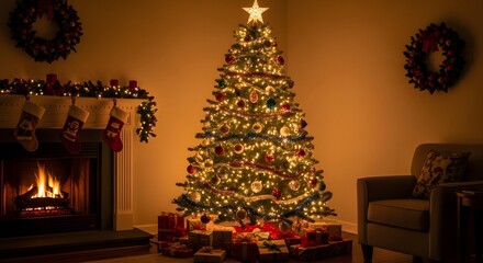 Fototapeta premium Illuminated christmas tree with gifts fireplace and wreaths in warm lighting