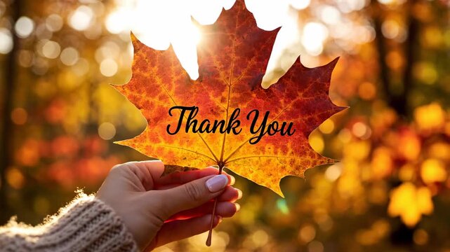 Autumn maple leaf held in hand with "Thank You" inscription, sunny fall background, seasonal gratitude concept.