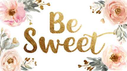 "Be Sweet" Gold Foil Calligraphy with Watercolor Florals Isolated on Transparent Background