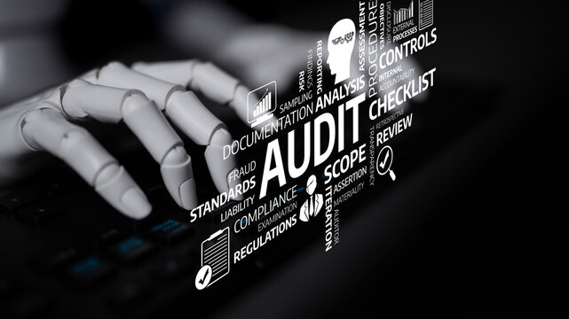 Robotic hand interacts with keyboard, surrounded by key audit terms, symbolizing the modernization of auditing processes and the integration of technology in business operations. Tessel