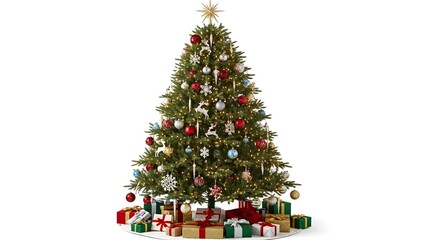 Decorated christmas tree with gifts under it on a white background in a studio shot