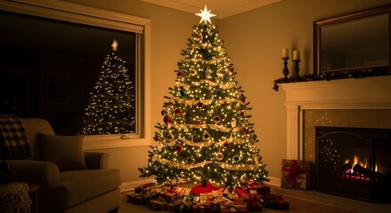 A christmas tree in a living room with gifts and a fireplace and another tree outside