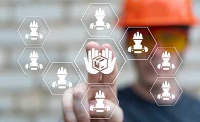 SCM - Supply Chain Management concept. Manager using virtual touch screen sees the icon of hands hold or give box symbolizing: goods delivery and SCM.