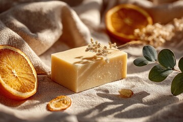 Handcrafted natural soap bar on stone surface. Organic beauty and skincare product for wellness marketing.