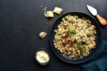 Risotto with mushrooms - tradishional dish of italian cuisine. Top view with copy space.
