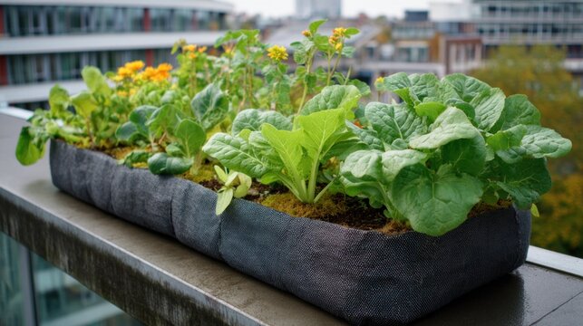 Seedling tray with growing vegetables on rooftop garden. Urban agriculture and sustainable farming concept.