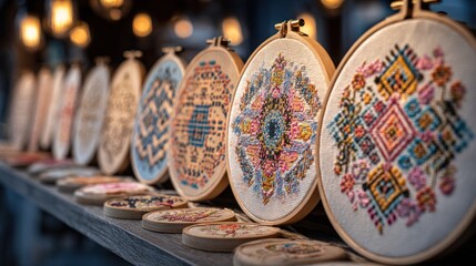 Hand embroidery designs displayed in wooden hoops with warm lights. Artisan craft and needlework for arts content.