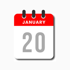 Flat January 20 calendar icon in red and white, minimalist planner design concept.