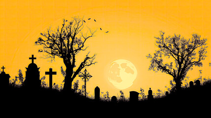 Spooky and abstract Halloween silhouette background featuring a dark graveyard with various tombstones, crosses, and spooky trees against an ominous orange and yellow full moon sky.