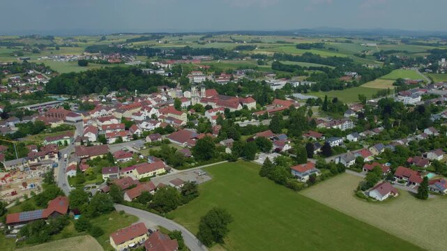 Aerial view around the old town of Falkenstein in Germany., Bavaria on a sunny morning in spring.