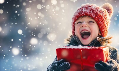 Smiling kid wearing winter clothes holding a red present during christmas holidays