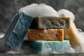 Stack of five different artisan soap bars with floating design. Beauty and skincare product mockup for cosmetics marketing.