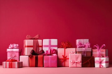 Collection of pink and red gift boxes with ribbons on red background. Celebration and present concept for holidays.	