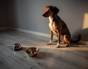 Dog sitting near food bowl and bell, Pavlov’s dog psychology concept illustrating classical conditioning and behavioral response learning