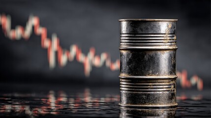 Oil barrel with market volatility chart background. Investment and commodity trading concept for finance content.