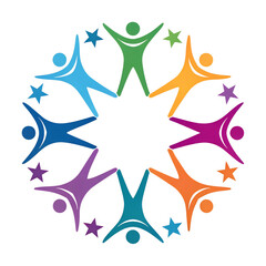 Obraz premium Diverse group of stylized people forming a celebratory circle with stars.