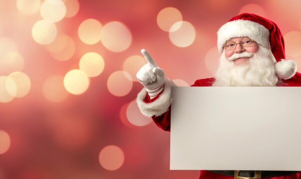 Santa claus holding a blank white sign and pointing above against a red bokeh background