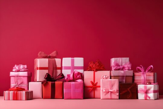 Collection of pink and red gift boxes with ribbons on red background. Celebration and present concept for holidays.	