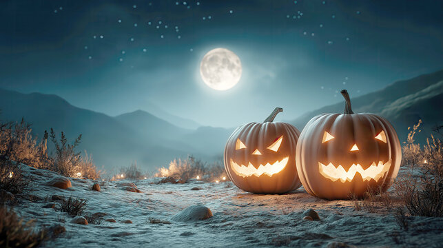 Two glowing Jack-o'-Lanterns with carved scary faces on a cold, frosty ground under a bright full moon and starry night sky in a mountain or wilderness setting, creating a chilling scene.
