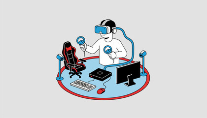 A virtual reality setup featuring motion controllers and a headset surrounded by gaming gear in a dedicated play area.