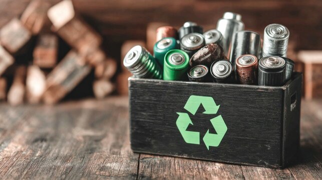 Battery recycling collection box with used batteries. Environmental sustainability and waste management concept.	