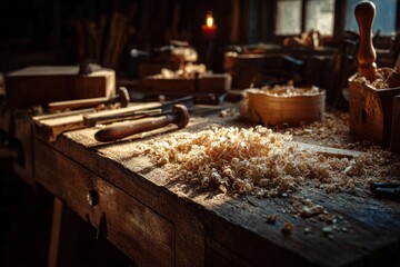 Wood shavings scattered on weathered workbench in workshop. Craftsmanship and traditional woodworking concept.