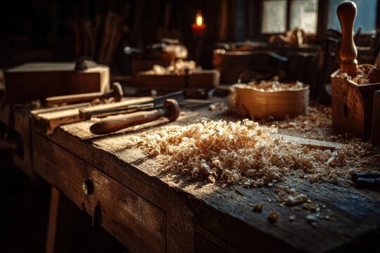 Wood shavings scattered on weathered workbench in workshop. Craftsmanship and traditional woodworking concept.
