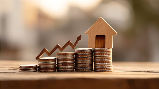 Conceptual image showing a golden miniature house model supported by a tall stack of gold coins, with a rising financial line graph nearby, signifying premium real estate investment and maximizing