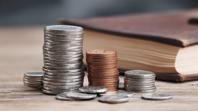 Close-up perspective of vertically stacked coins arranged next to a small, open account book or ledger, with focus on the meticulous record-keeping and planning essential for successful long-term