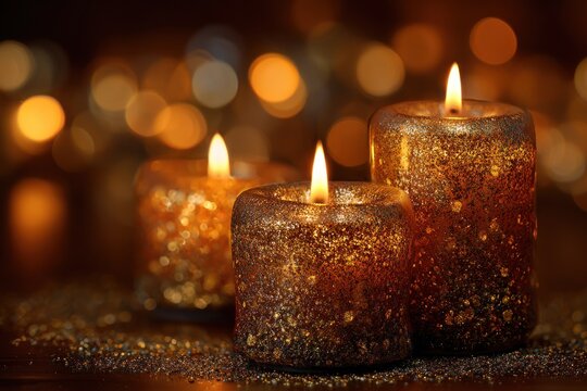 Glowing candles with golden sparkle on dark cozy background. Warmth and relaxation ambiance concept.