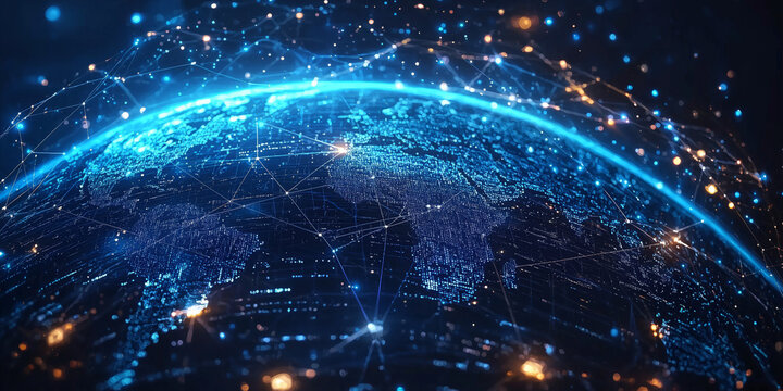 Abstract Digital Globe With Blue Neon Light Network Connections And Data Points Futuristic Concept