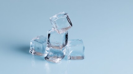 Macro photography of ice block cube on light blue background. Frozen water and cold concept.