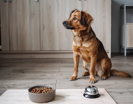 Trained dog sitting near food bowl and service bell, Pavlov&rsquo;s dog concept symbolizing conditioning and obedience training at home