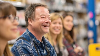Obraz premium Retail worker man with Down syndrome smiling happily at store. Inclusive employment and diversity concept.