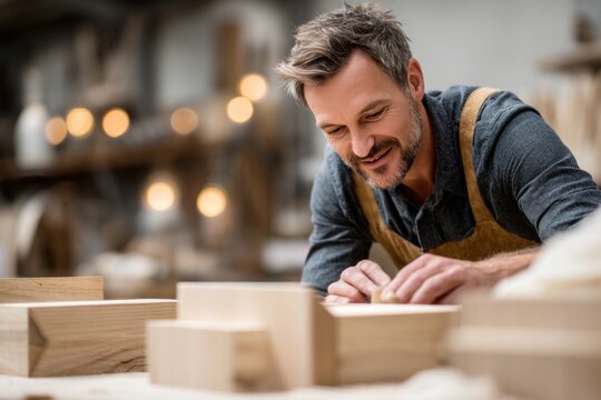 Single craftsperson assembling cabinet for custom kitchen focus. Woodworking craft and DIY concept. - Powered by Adobe