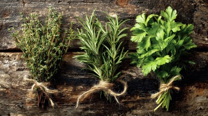 Thyme rosemary parsley herbs on rustic wood. Culinary cooking fresh ingredients and flavor concept.