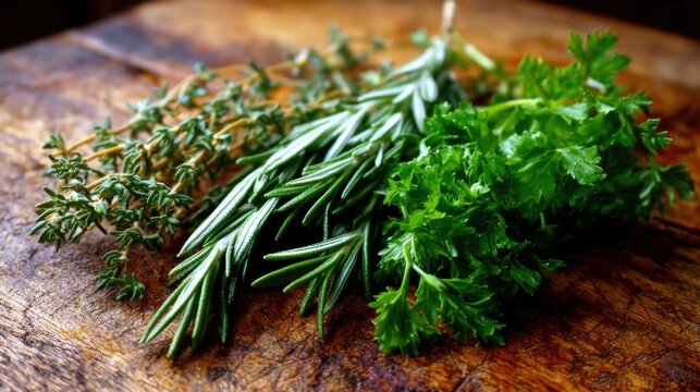 Thyme rosemary parsley fresh herbs on wood background. Cooking culinary fresh ingredients concept.	 - Powered by Adobe