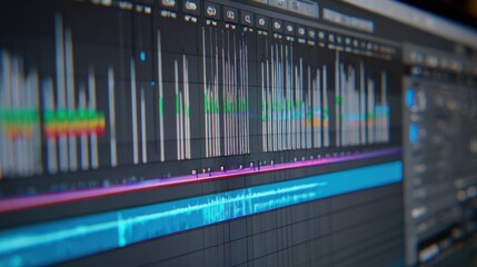 Volume bars and beats protruding from DAW with colorful visualization. Music audio production concept.
