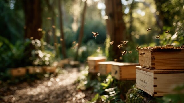 Wide shot of multiple beehives with bees flying around. Beekeeping apiary and nature concept.