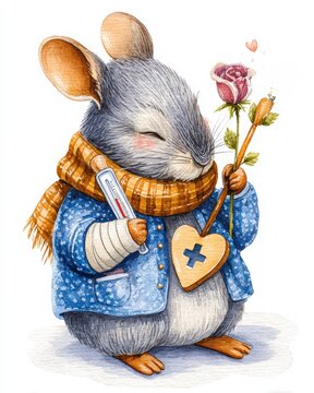 sleepy viscacha patient  holding a thermometer with a heart tag and a delicate rose sprig