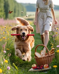 Golden Retriever Running with Stick on Summer Picnic in Wildflower Meadow with Woman Basket Bread and Fresh Fruit Outdoors