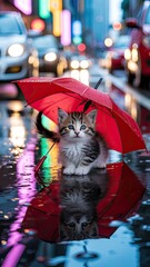 Adorable Kitten Under Red Umbrella on Rainy City Street at Night with Colorful Lights and Urban Reflections