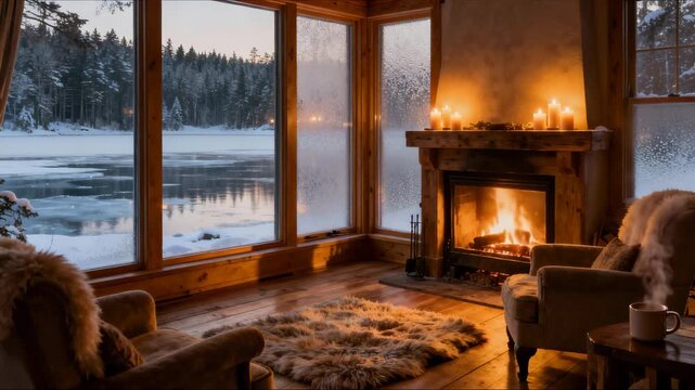 Cozy winter evening by the lake with a warm fire, soft blankets, and a serene snowy landscape at sunset