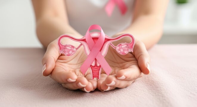 Gentle hands carefully present a human uterus diagram adorned with a prominent pink ribbon, fostering vital cervical health awareness and comprehensive gynecological care.
