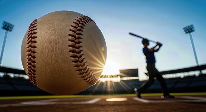 Bright baseball flying through air with a powerful batter swinging his bat in a grand stadium. Golden sunset light flares beautifully across the sports field during an evening game.